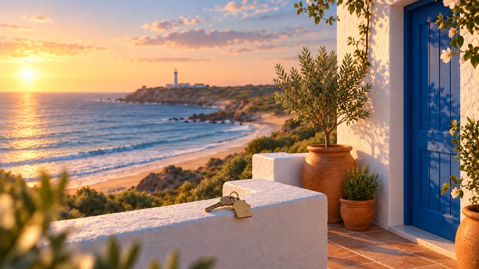 Terrasse blanche avec porte bleue et pots en terre cuite, face à l'Atlantique et à un phare