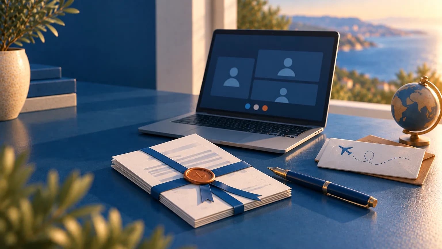 Stylo plume et document scellé à côté d'un ordinateur portable et d'une enveloppe