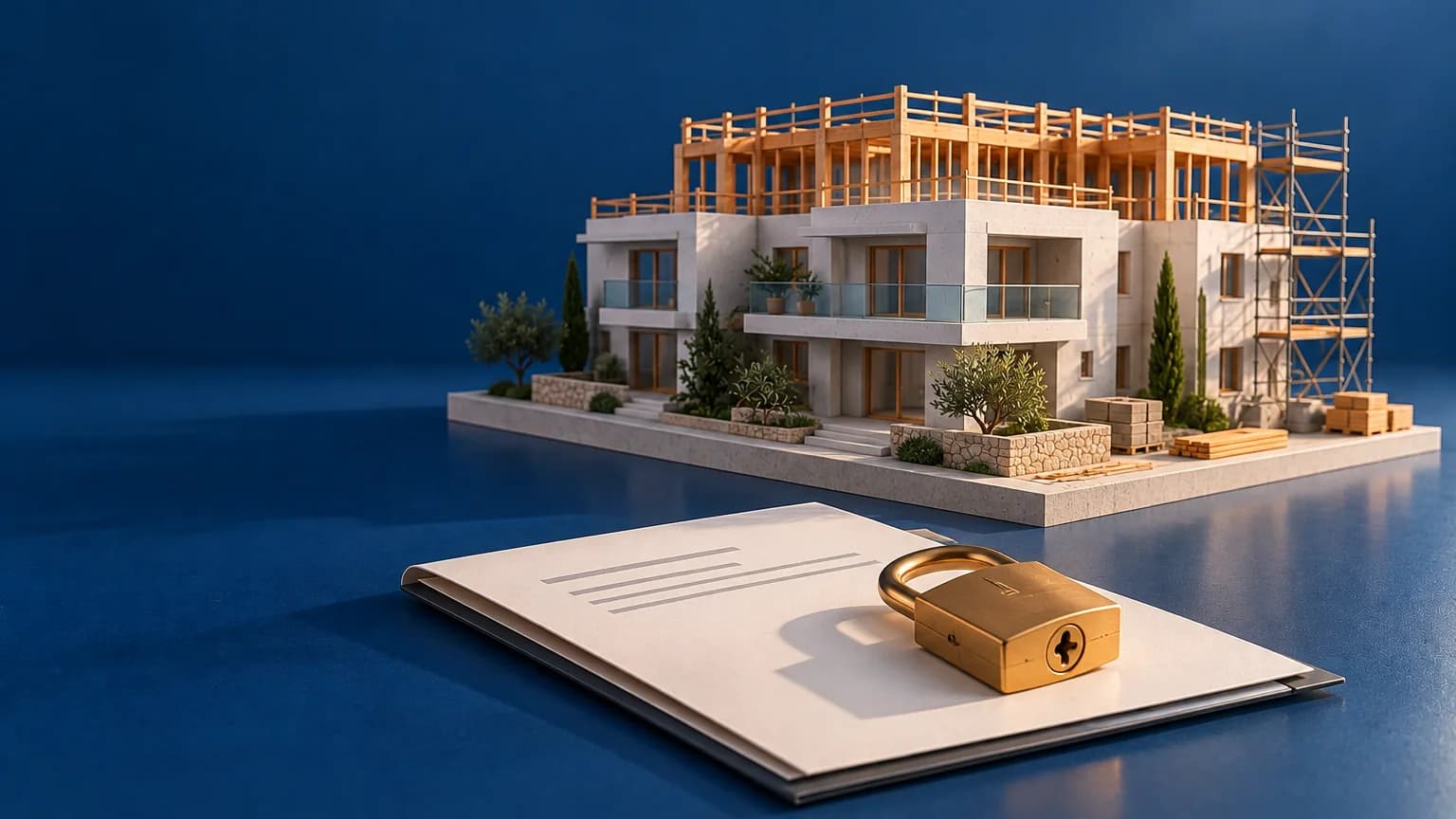 Maquette d'immeuble neuf en construction et cadenas en laiton sur un dossier : les acomptes garantis d'un achat sur plan
