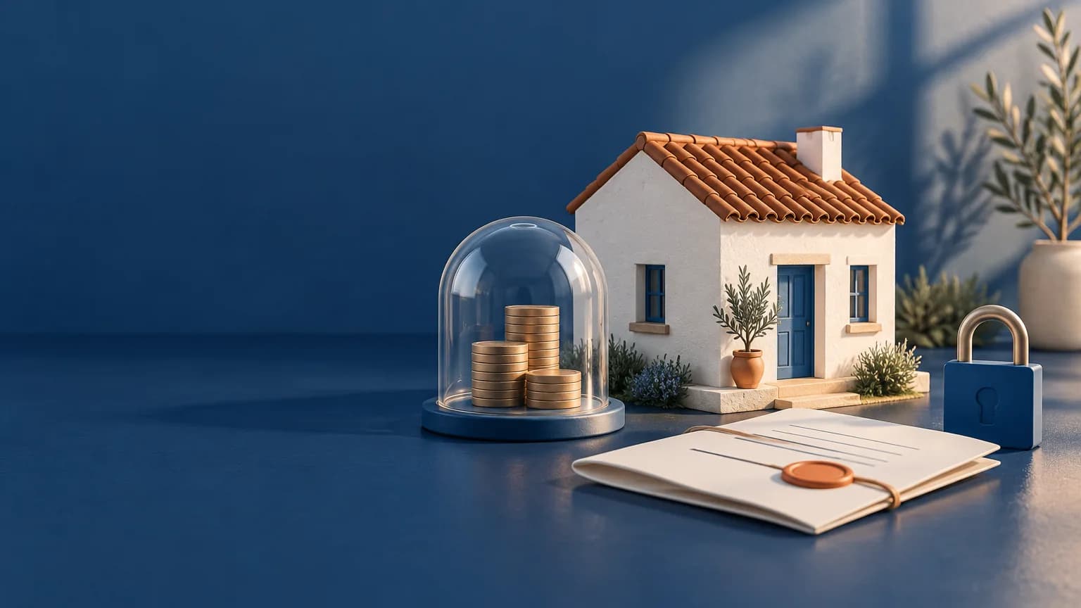 Maqueta de una casa andaluza junto a unos ahorros protegidos bajo una campana de cristal y un contrato sellado