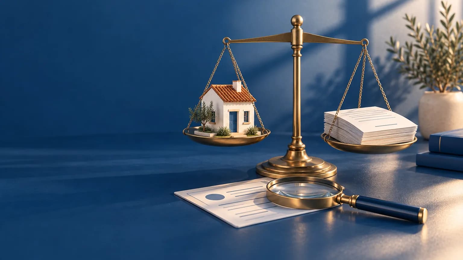 Balanza en equilibrio con una casa y unos documentos, y una lupa sobre una ficha de registro