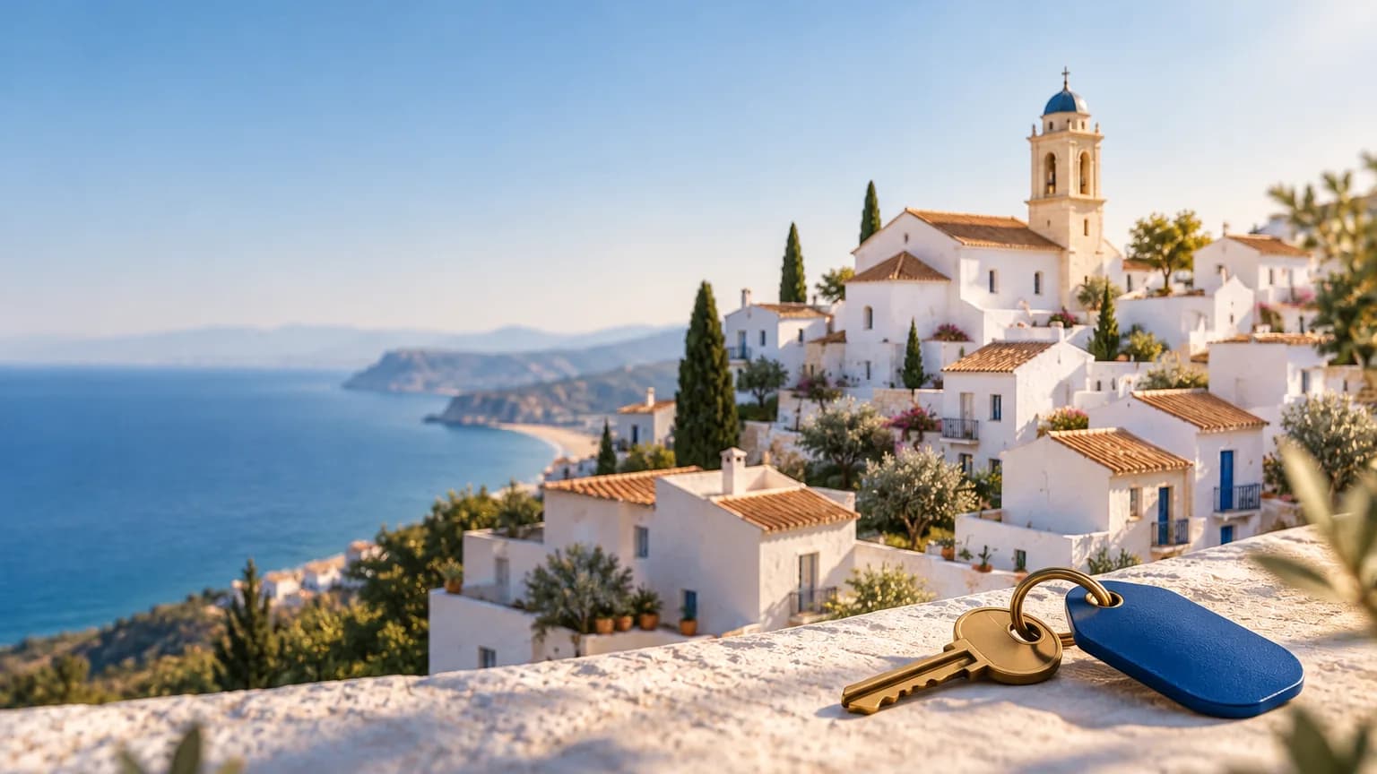 Pueblo blanco andaluz junto al mar, con una llave de casa en primer plano