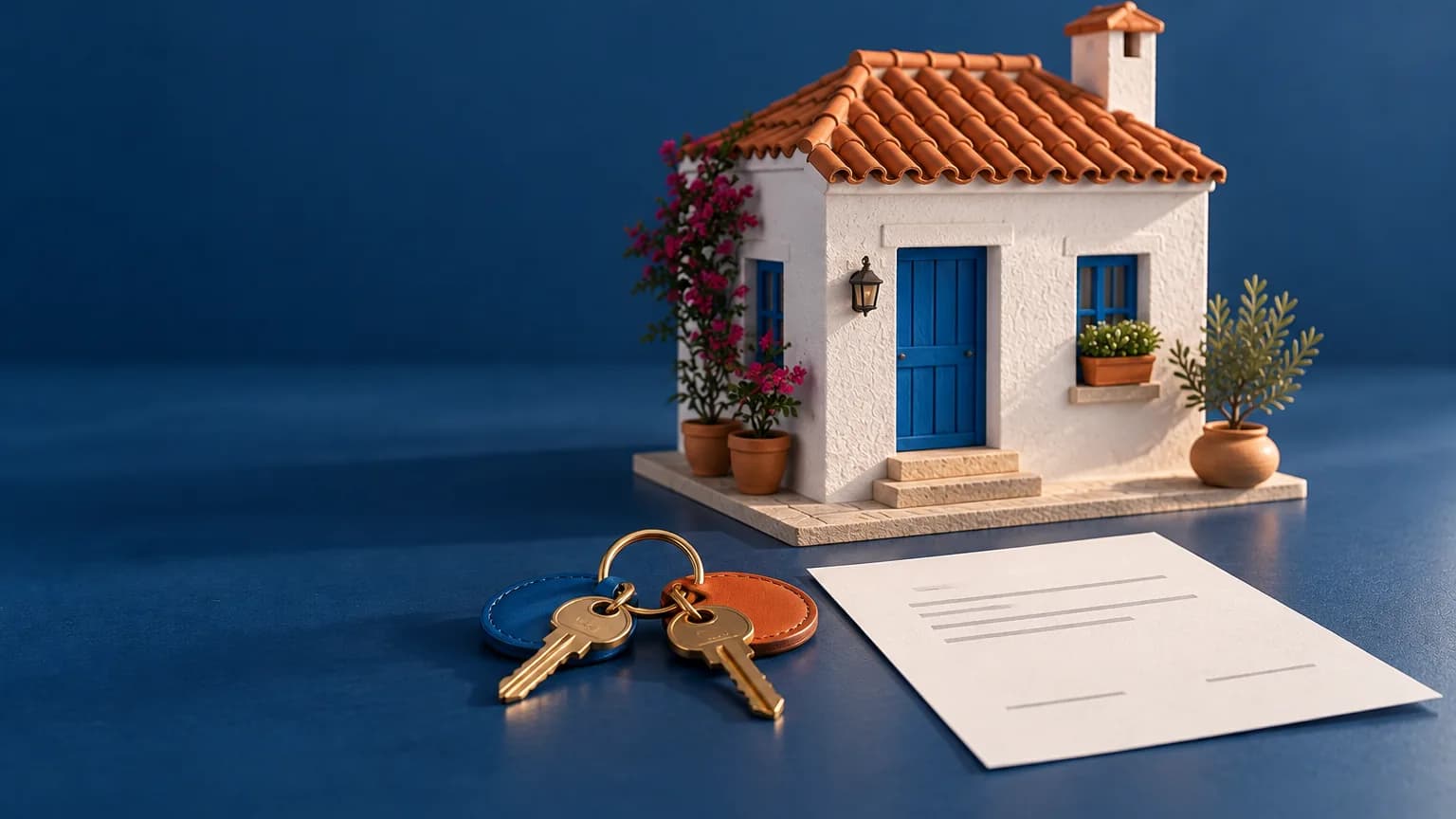 Una casa blanca y dos llaves con llaveros de colores distintos, símbolo de comprar en pareja