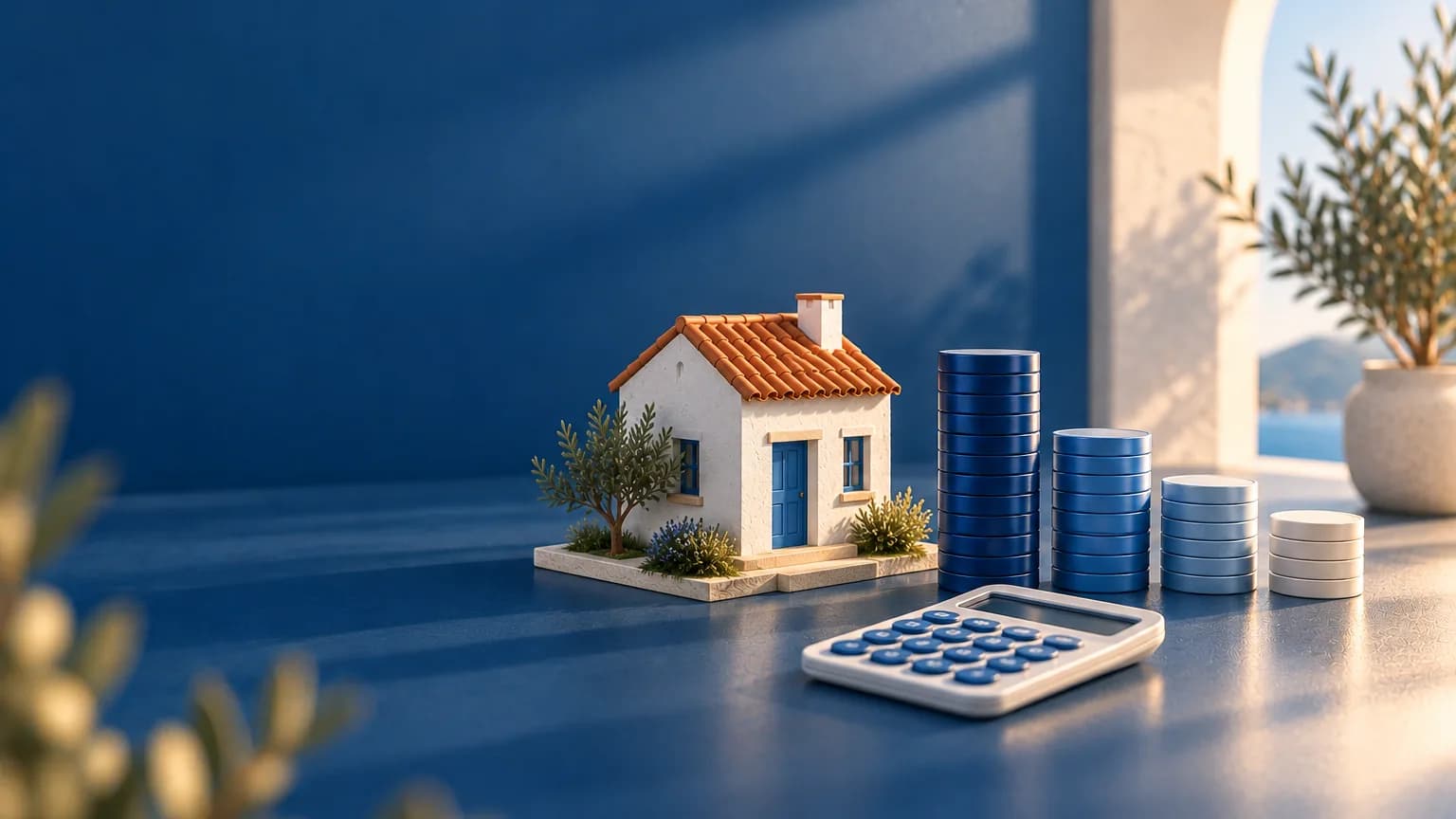 Casa con montones de monedas de distintas alturas y una calculadora