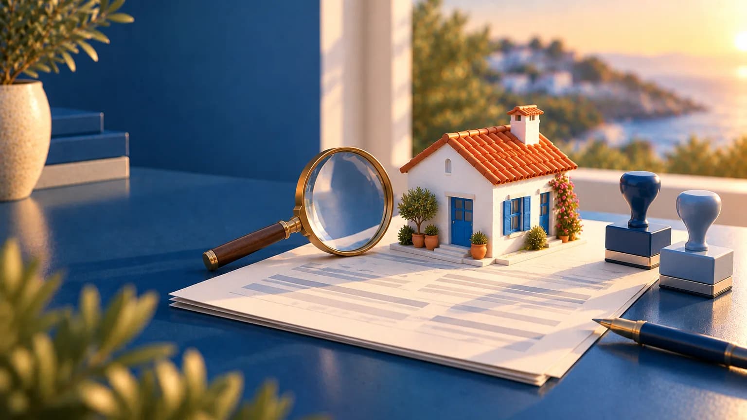 Petite maison blanche espagnole posée sur un formulaire de déclaration vierge, à côté d'une loupe