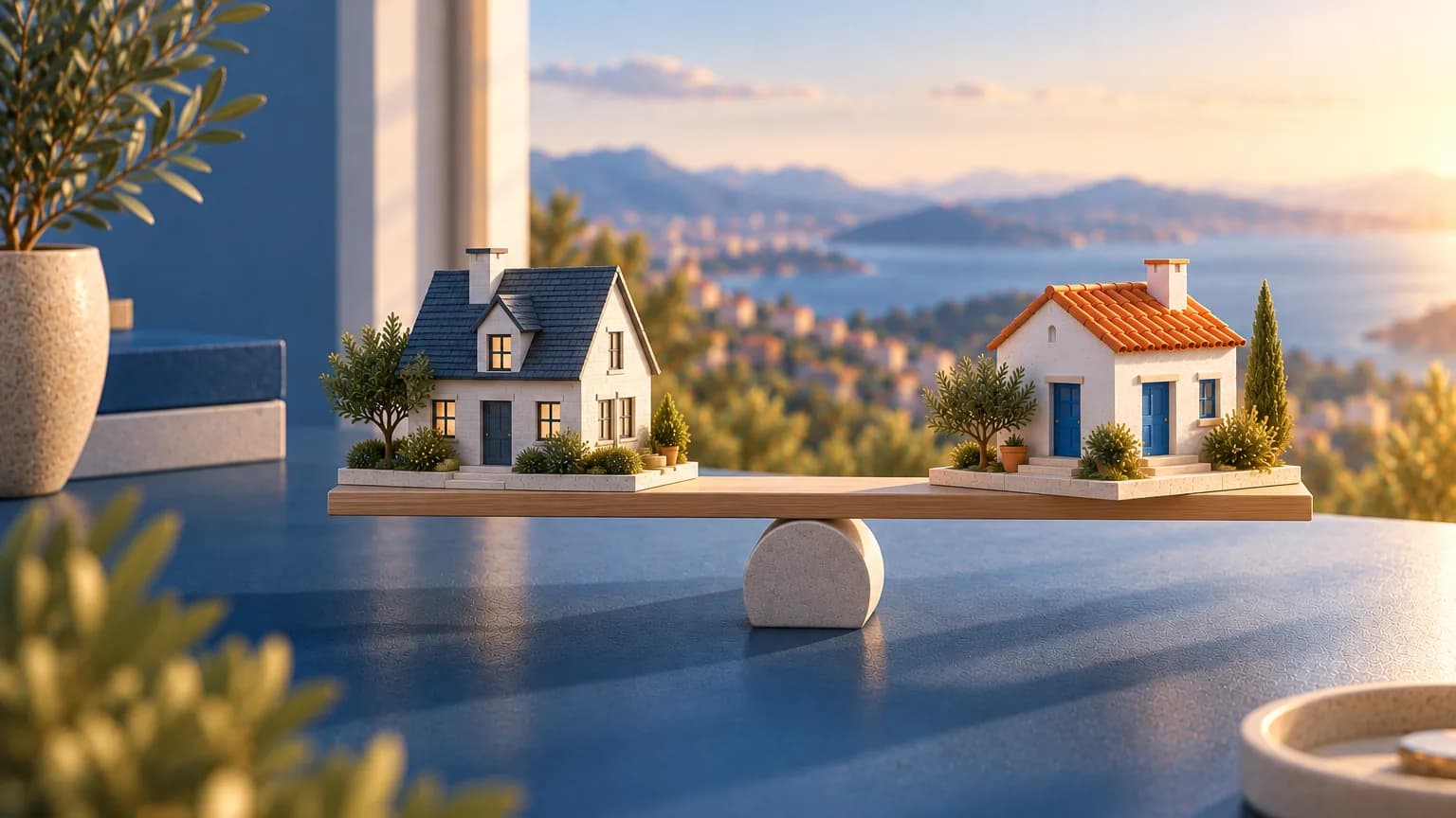 Deux maisons en équilibre sur une planche, l'une au toit d'ardoise, l'autre au toit de tuiles