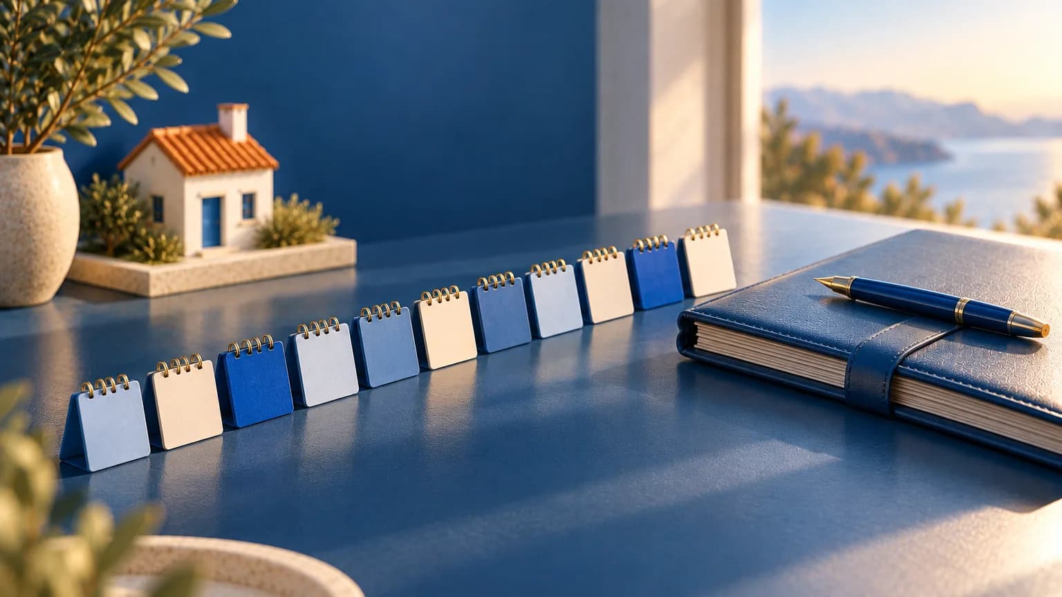Hilera de pequeños calendarios que lleva a una pluma estilográfica sobre una carpeta de piel
