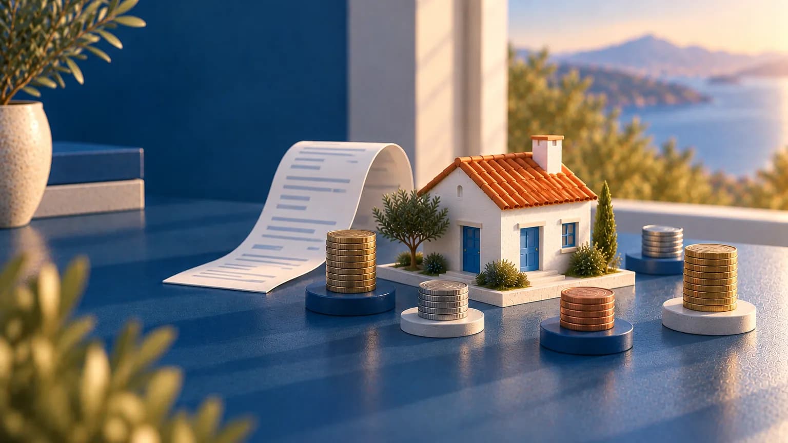 Maison entourée de petites piles de pièces séparées et d'un ticket de caisse
