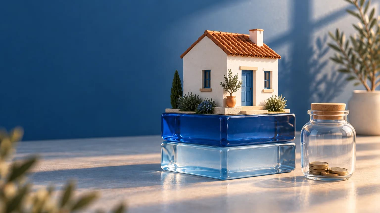 Casa apoyada sobre dos bloques translúcidos junto a un tarro de ahorro casi vacío