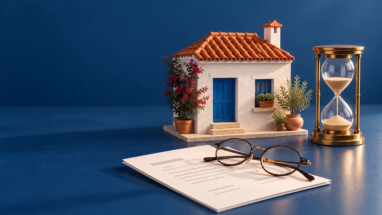 Casa blanca junto a un reloj de arena de latón y unas gafas de lectura, símbolo del plazo de la hipoteca a partir de los 50