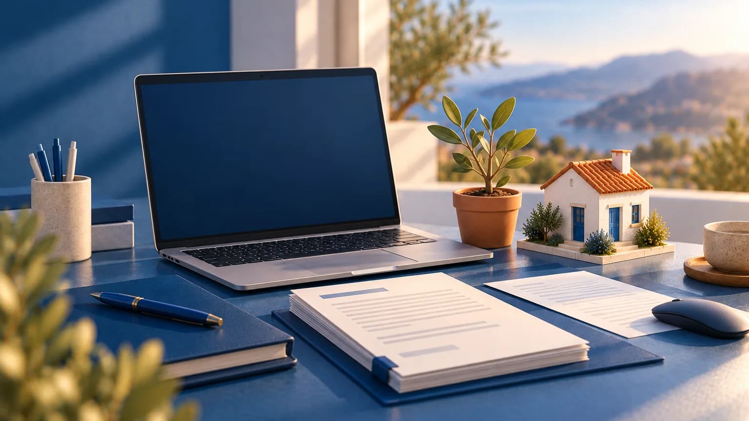 Mesa de trabajo de autónomo con portátil, formularios, una pequeña casa y una planta que crece