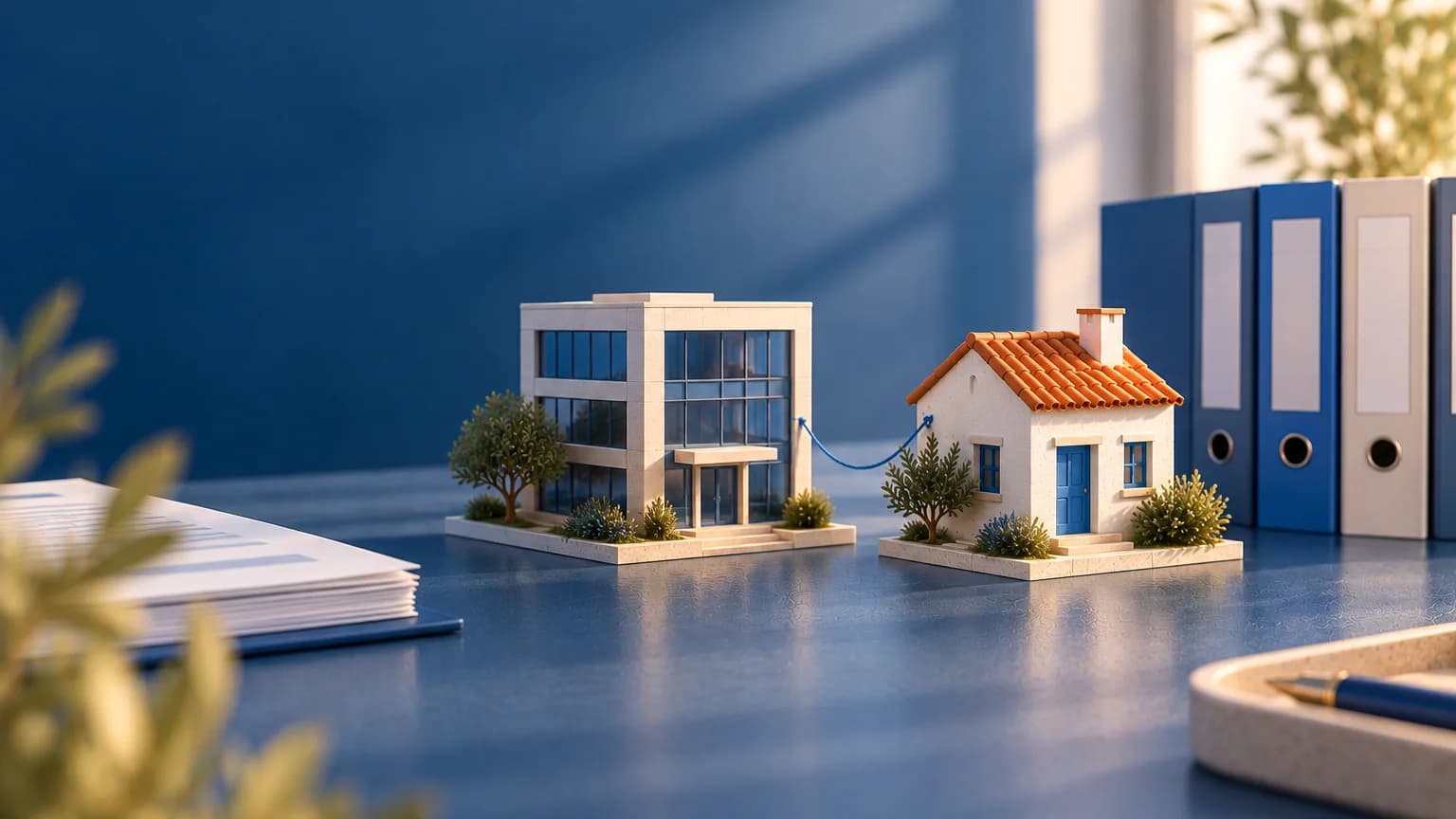 Maqueta de un edificio de empresa y una casa unidos por un hilo azul, junto a carpetas archivadoras