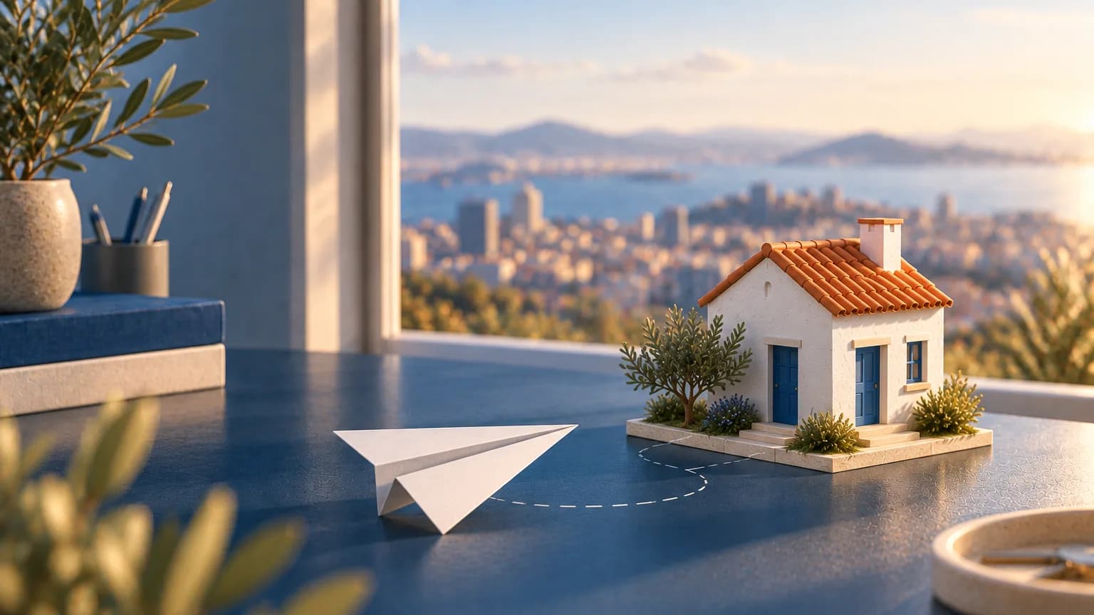 Casa sobre una mesa ante una ventana con una ciudad extranjera al fondo y un avión de papel que apunta a la casa
