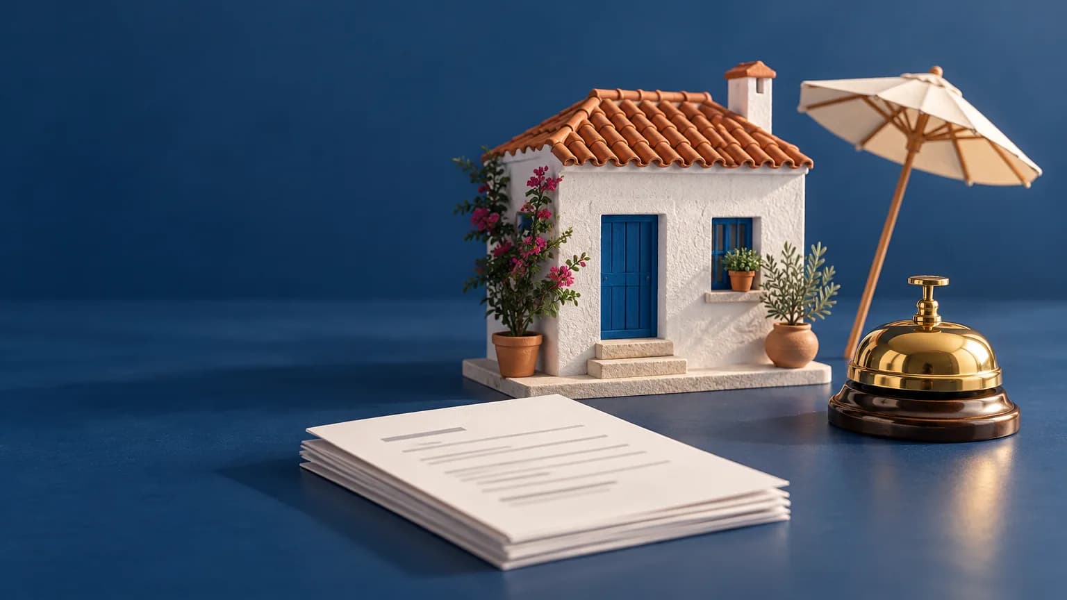 Casa blanca andaluza junto a una pequeña sombrilla y un timbre de recepción de hotel, símbolo del trabajo de temporada