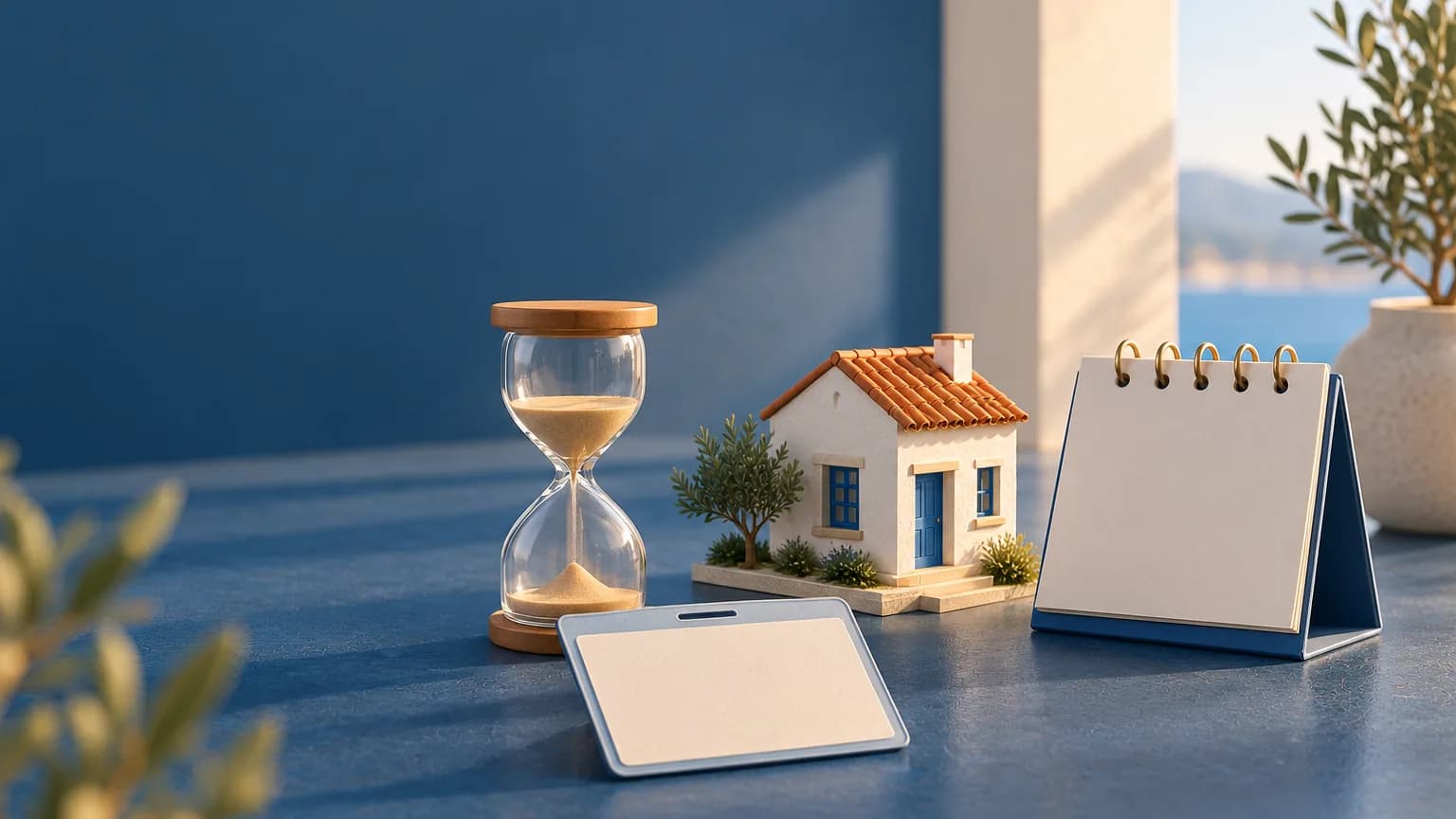 Reloj de arena junto a una tarjeta de identidad en blanco y una pequeña casa