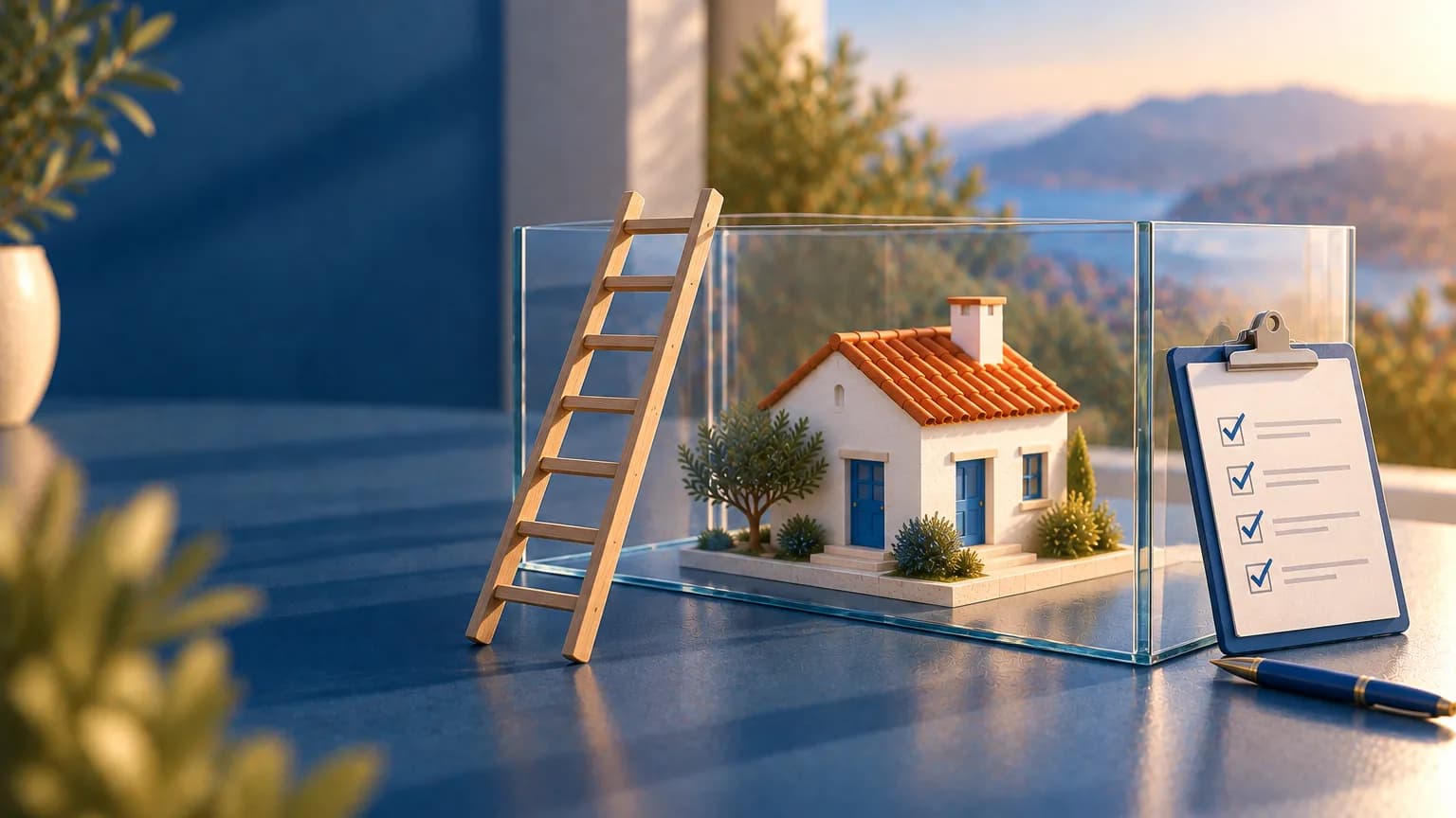 Maison derrière une paroi de verre, avec une échelle appuyée contre elle et une liste de vérification