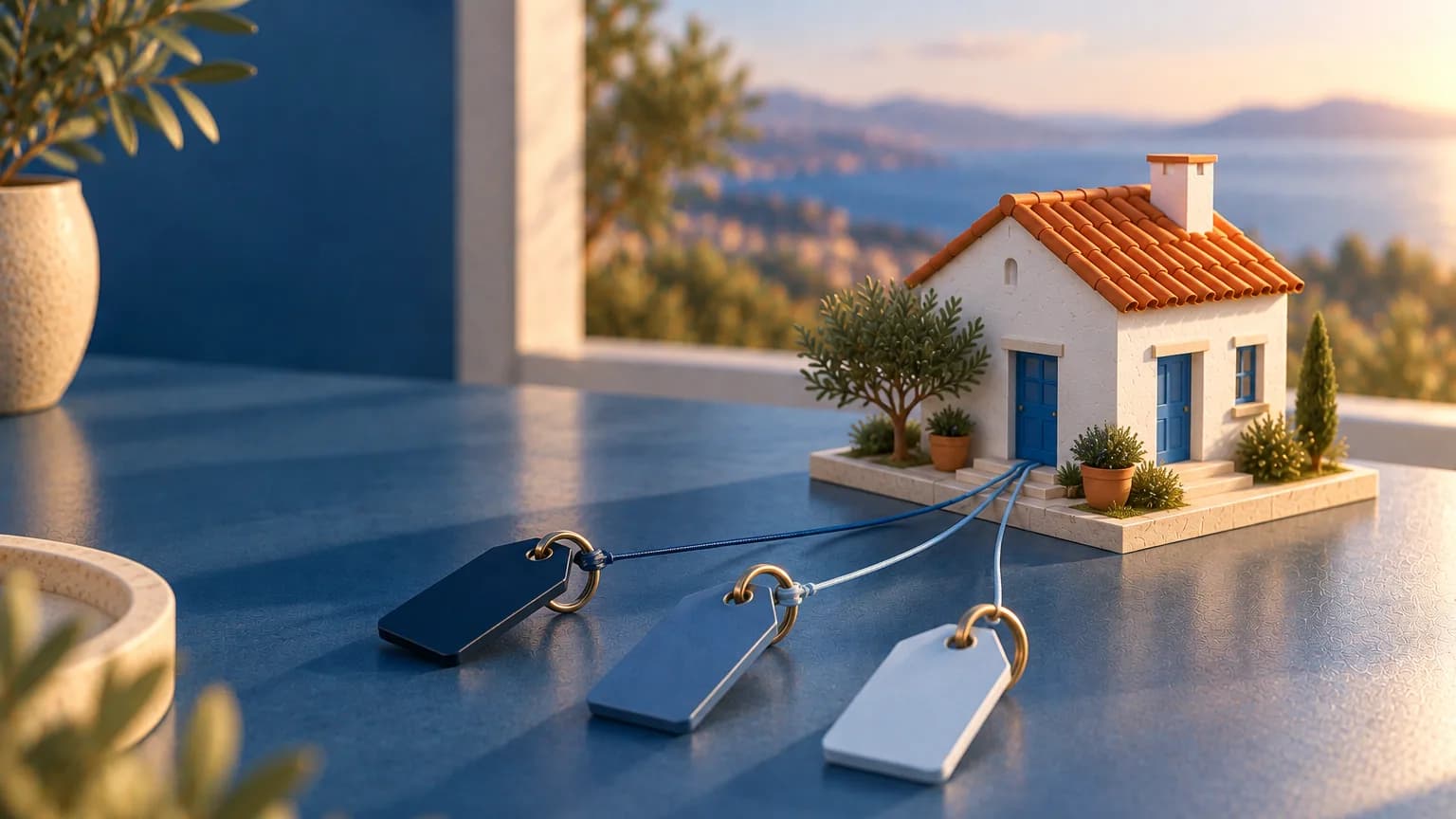 Maison andalouse reliée par des fils fins à trois porte-clés de couleurs différentes