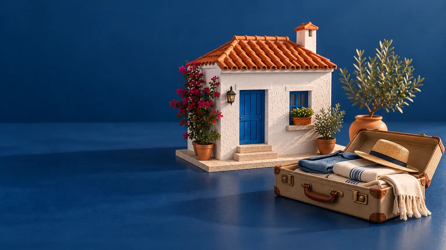 Maison blanche espagnole, valise ouverte déjà défaite et petit olivier en pot : s'installer en Espagne avant d'acheter
