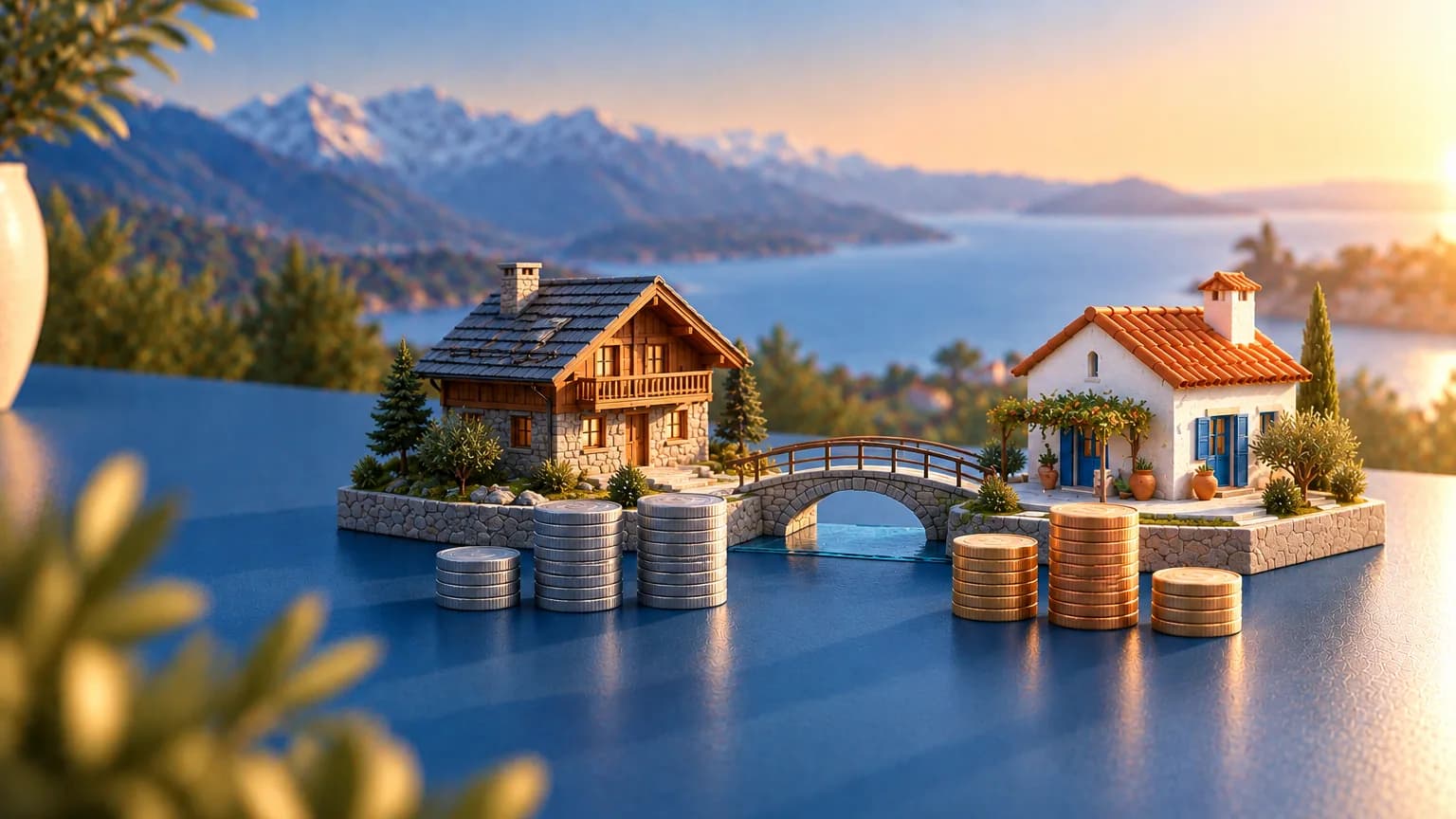 Chalet alpin et maison espagnole reliés par un petit pont, avec des pièces de deux teintes