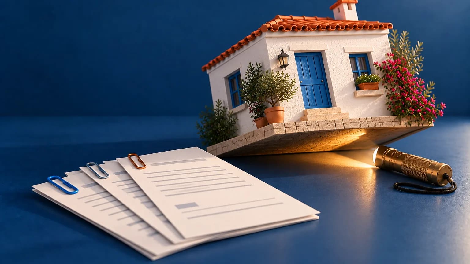 Maison blanche soulevée et éclairée par une lampe de poche en laiton, près de documents vierges : vérifier un bien avant les arras