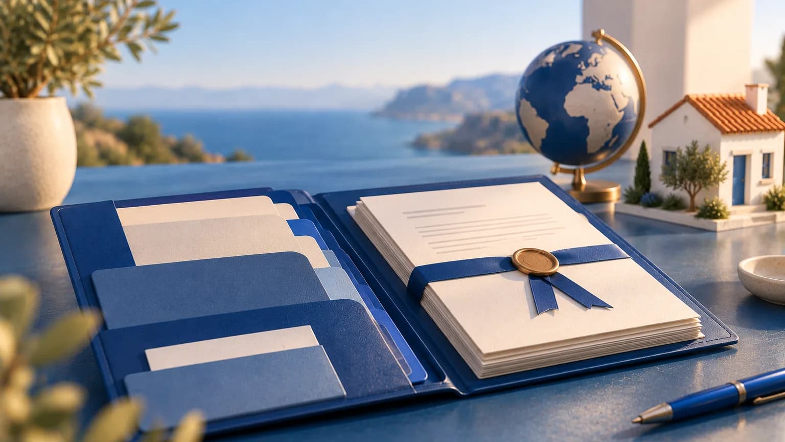 Carpeta de documentos ordenada con separadores y un legajo sellado, con un globo terráqueo y una casa al fondo
